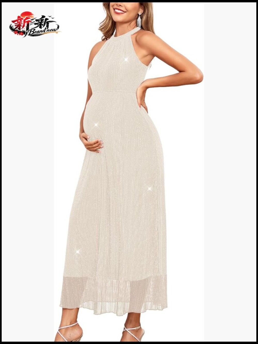 Maternity Sparkly Mesh Dress Halter Neck Sleeveless A-Line Maxi Semi Formal